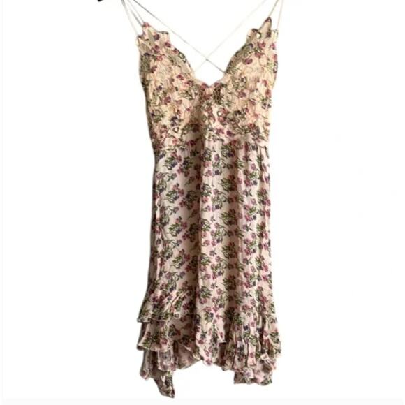 Free People FP One Adella Floral Mini Slip Dress Lace Ruffle Summer Smocked Sz S - Picture 2 of 6